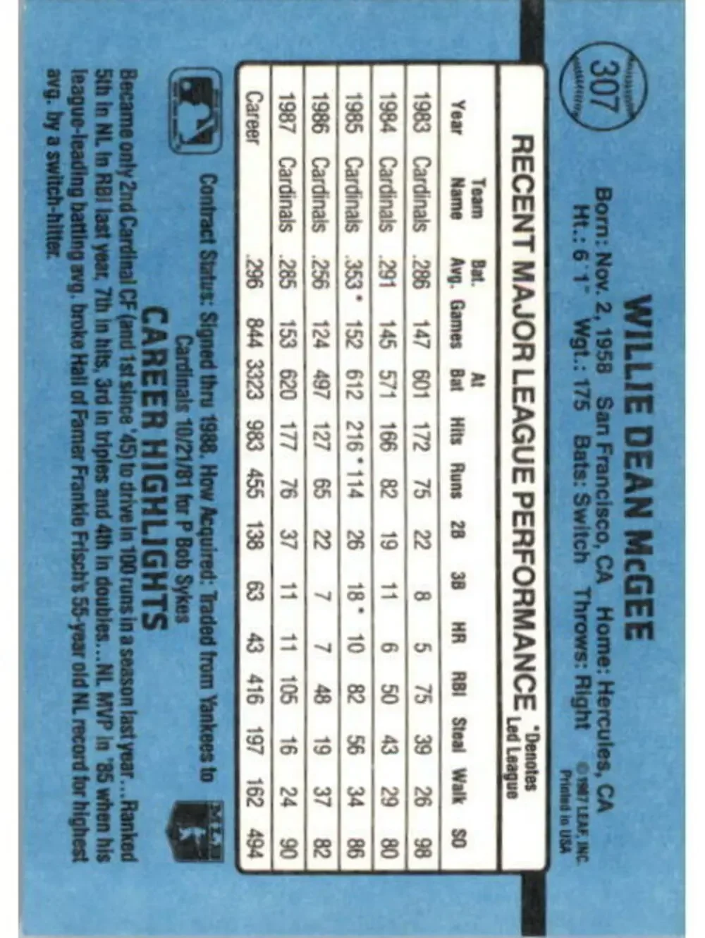 1988 Willie McGee Donruss Baseball Card #307